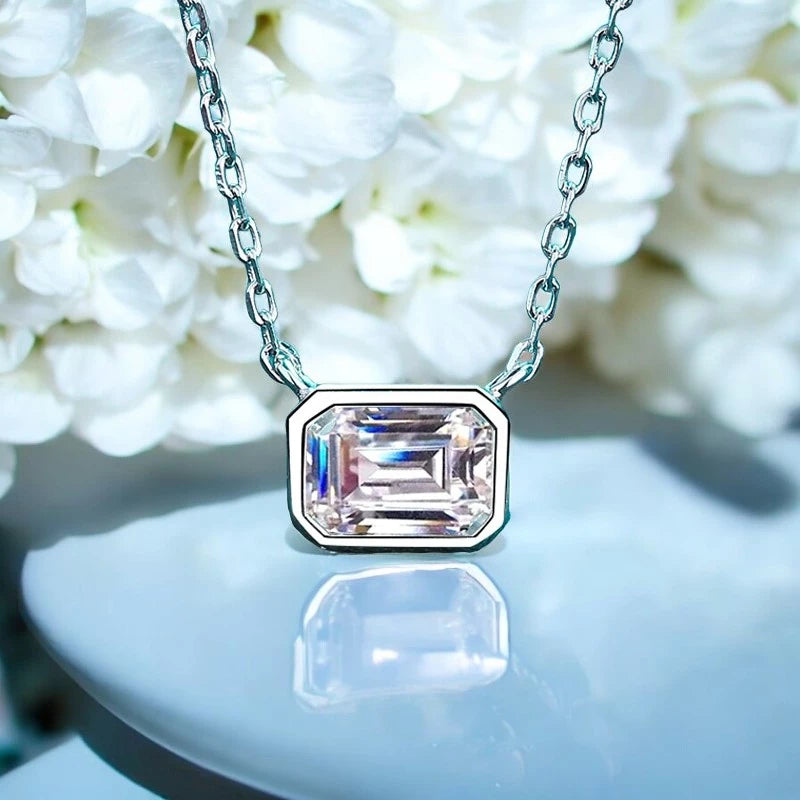 1CT Emerald Cut Moissanite Pendant - 925 Sterling Silver - Ornalux