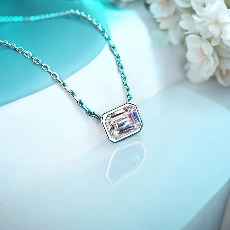 1CT Emerald Cut Moissanite Pendant - 925 Sterling Silver - Ornalux