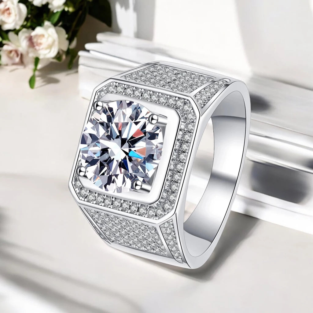 Luxury Moissanite Men's Ring - Brilliant Halo Wedding Ring - Ornalux