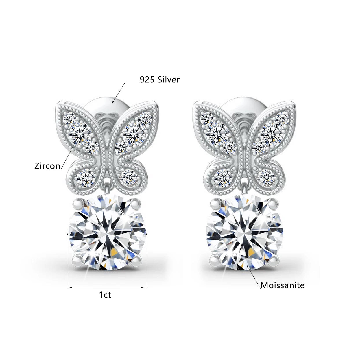 2Ct D Color VVS1 Moissanite Butterfly Earrings - Ornalux